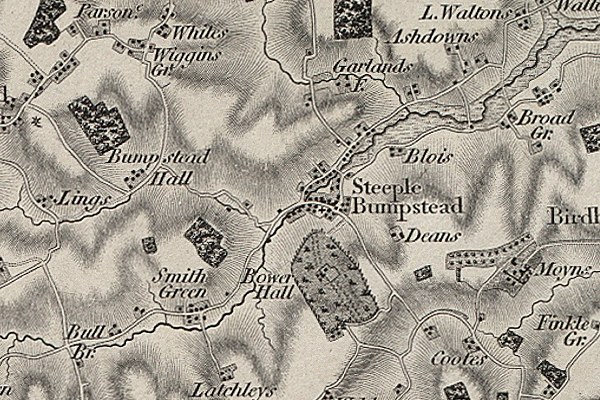 Old black and white map showing towns, roads, and halls near Steeple Bumpstead and Smith Green.