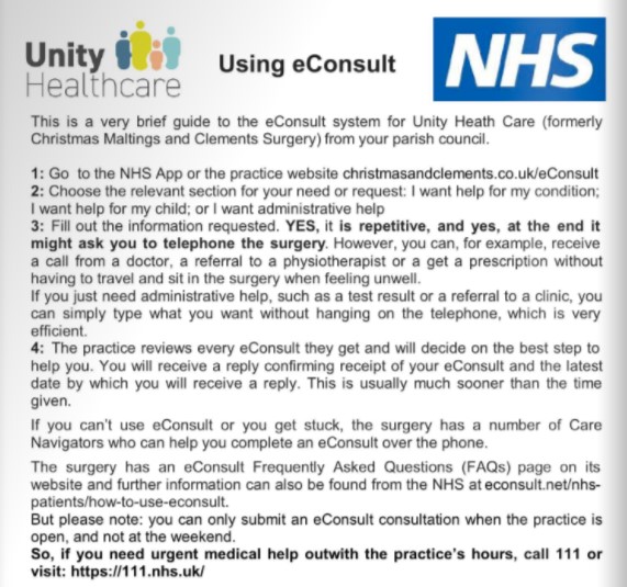 Leaflet explaining how to use eConsult for NHS Unity Healthcare, with step-by-step instructions and contact details.