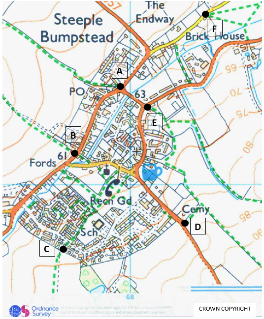A map of Steeple Bumpstead with six labelled points (A-F) and various roads, buildings, and landmarks.
