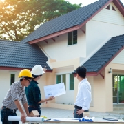 Three people with blueprints and helmets discuss construction outside a modern two-storey house.
