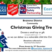 Poster for Braintree District Christmas Giving Tree, asking for unwrapped toy or gift donations for children aged 3–15.