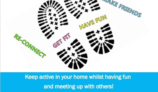 Zoom walks poster with black shoe prints and colourful motivational words on a yellow and blue background.
