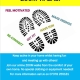 Zoom walks poster with black shoe prints and colourful motivational words on a yellow and blue background.