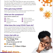 Flyer about Long COVID symptoms and an Essex support event, with colourful design and NHS logos.