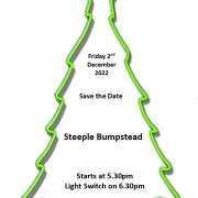 Outline of a Christmas tree with event details for a light switch-on in Steeple Bumpstead on 2 December 2022.