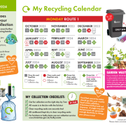 Colourful recycling calendar with bins, collection dates, recycling tips, and images of recyclable waste items.