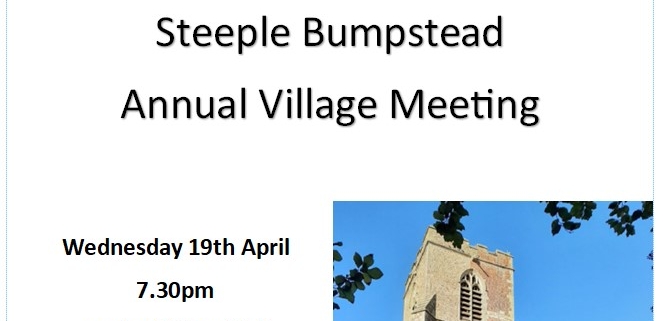 Poster for Steeple Bumpstead Annual Village Meeting with photos of a green field and a stone church.