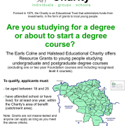 A leaflet for the Earls Colne & Halstead Educational Charity offering grants to degree students, with text and maps.