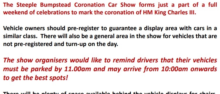 Poster for Steeple Bumpstead King's Coronation Car Show, Sun 7 May 2023, with event info and entry details.