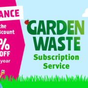Green garden waste bin with garden debris and text offering 50% off early bird subscription discount.