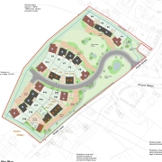 Site plan showing 21 houses, roads, footpaths, and green spaces within a red boundary outline.