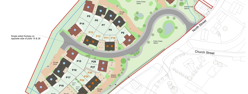 Site plan showing 21 houses, roads, footpaths, and green spaces within a red boundary outline.