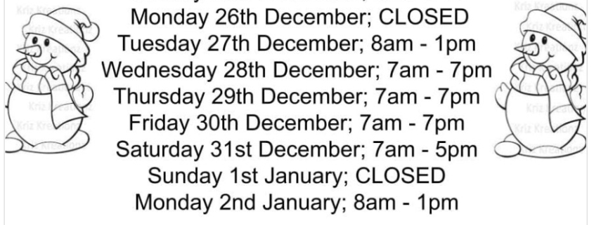 Christmas opening hours list with snowman illustrations at each side of the text.