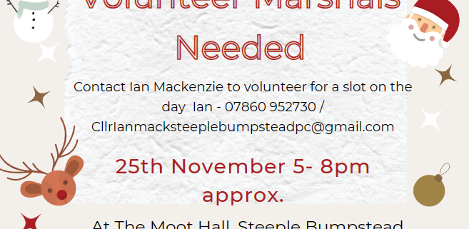 Festive poster seeking volunteer marshals for Christmas Switch-on, 25 Nov, 5-8pm, at Moot Hall, Steeple Bumpstead.