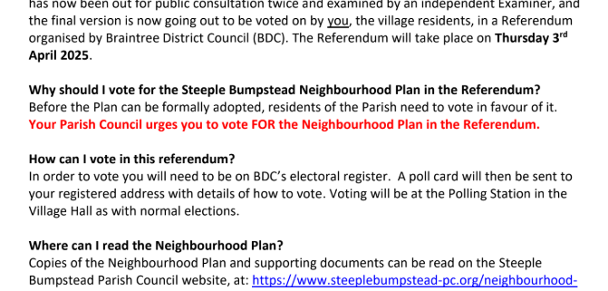 Flyer for the Steeple Bumpstead Neighbourhood Plan referendum, with info on voting taking place Thursday, 3 April.