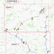 Map showing a road closure and diversion route, highlighted in blue, with overview and two detail insets.