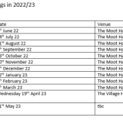 A table listing 2022/23 council meeting dates, mostly at the Moot Hall, with one venue to be confirmed.