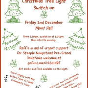 Poster for Steeple Bumpstead Christmas tree light switch-on event with festive drawings and event details.