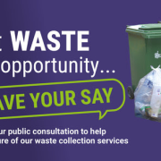 Poster with waste bins and bags, urging public to join a consultation on waste collection services.