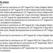 A list of road closure notices with dates, locations, and reasons for the temporary traffic closures.