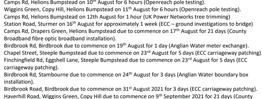 A list of road closure notices with dates, locations, and reasons for the temporary traffic closures.