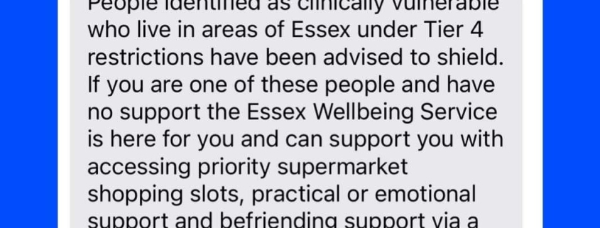 Blue graphic with urgent message for Essex Tier 4 residents about support services, including a contact telephone number.