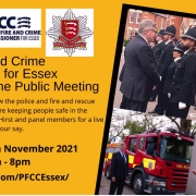 Poster for Essex PFCC online public meeting with images of police, fire crew, and officials; event details included.