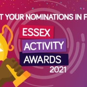 A hand holds a trophy with text: "Get your nominations in for Essex Activity Awards 2021.