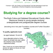 Flyer for educational grants for students aged 18–25 in Halstead and Earls Colne, Essex, with maps and contact information.