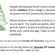A green Christmas tree drawing with a star topper, gift boxes below, and text inviting children to decorate baubles.