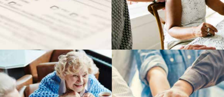Four images of pensioners socialising, writing, playing games, and a group joining hands, with Essex Wellbeing Service logo.