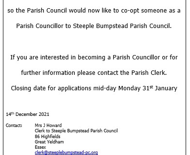 Notice for Steeple Bumpstead Parish Council vacancy with details on how to apply and contact information.