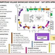Venue map for Steeple Bumpstead Village Showcase, showing stalls, stage, café, and seating areas.