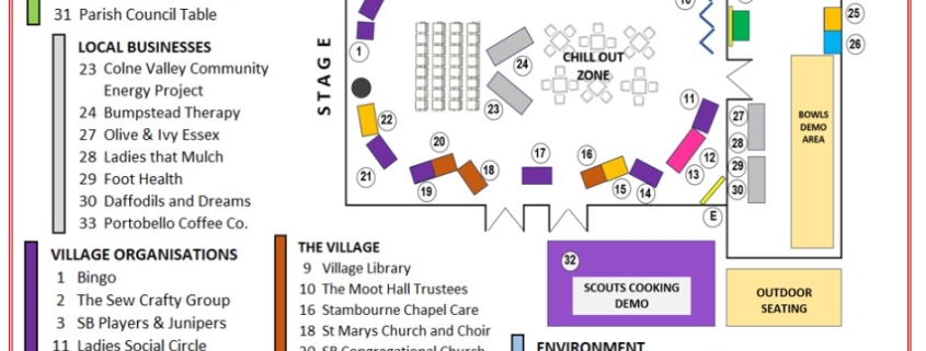 Venue map for Steeple Bumpstead Village Showcase, showing stalls, stage, café, and seating areas.