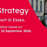 Banner for Essex Transport Strategy with parked cars, colourful houses, and consultation deadline of 22 September 2024.