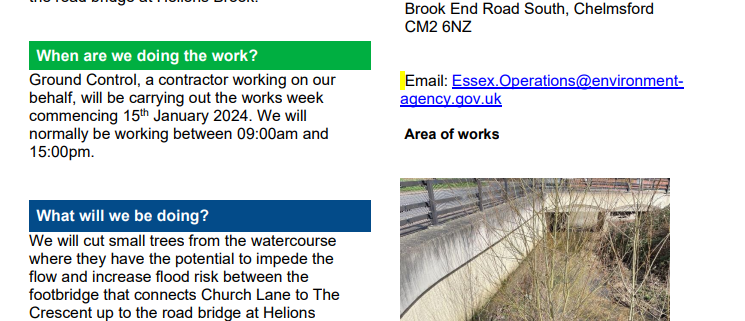Flyer about upcoming tree felling work at Steeple Bumpstead by the Environment Agency, with contact info.