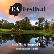 Hedingham Castle reflected in a pond at sunset, with text for EA Festival on 31 July and 1 August.