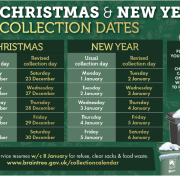 Christmas and New Year waste collection dates with revised timetables, bins, and festive decorations shown.