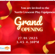 Invitation to North Crescent Play Equipment grand opening, 27/01/2025, 15:45-16:30, with festive ribbons.
