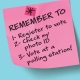 Pink sticky note with reminders: Register to vote, check photo ID, and vote at a polling station.