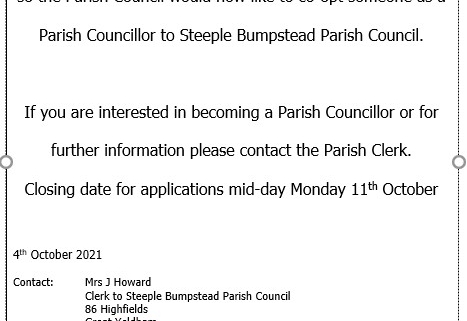 A notice for a Steeple Bumpstead Parish Councillor vacancy with contact details and disqualification criteria.