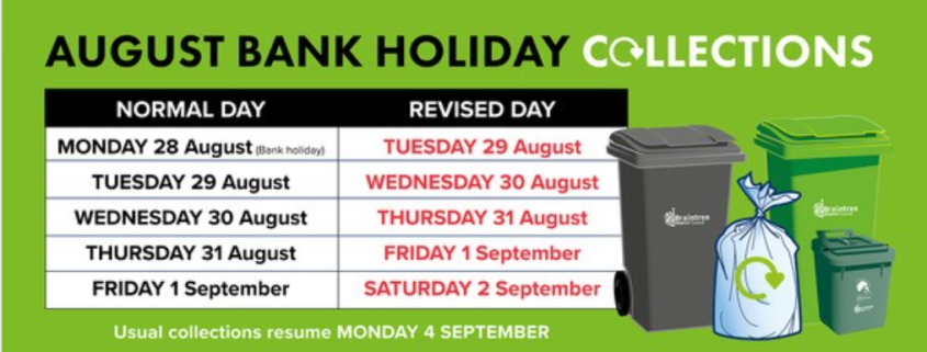 August bank holiday waste collection changes: dates move forward by one day from 28 Aug to 2 Sept.