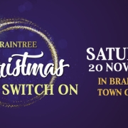 Braintree Christmas Light Switch-On; Saturday 20 November in Braintree Town Centre, gold glitter on purple.