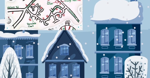 Illustrated map and calendar for Steeple Bumpstead Advent Windows, featuring snowy village houses and event dates.