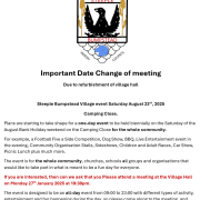 A flyer announcing a change of meeting date for Steeple Bumpstead Village event, with event details and new date.