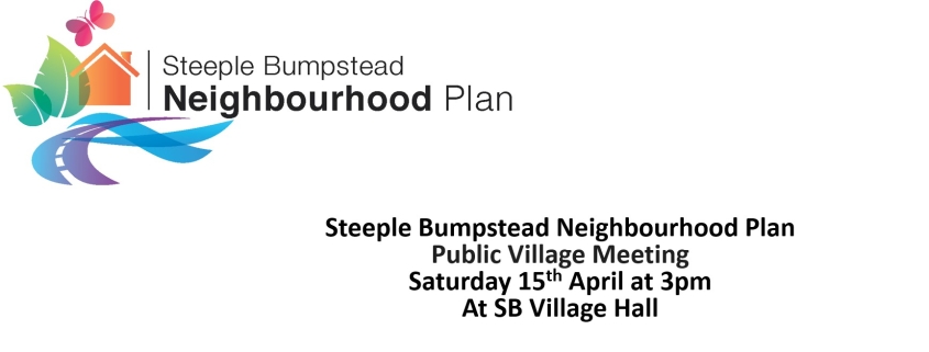 Steeple Bumpstead Neighbourhood Plan meeting poster with date, time, and location details.
