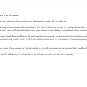 A formal email response from Michael Newman about the closure and community replacement of a post office branch.
