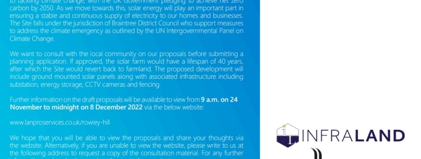 Invitation leaflet for Rowley Hill Solar consultation, with contact details and logos on a blue background.