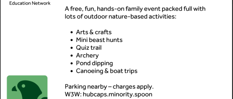 Event poster with nature icons, event details, and photos of children enjoying outdoor activities.