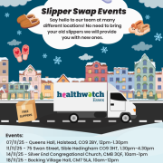 Poster for Slipper Swap Events with dates, times, locations, and free slippers offered by Braintree District Council.